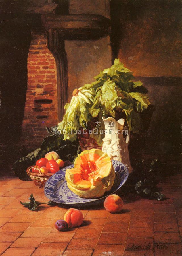 A Still Life With A White Porcelain Pitcher Fruit And Vegetables - 大卫·埃米尔·约瑟夫·德·诺特